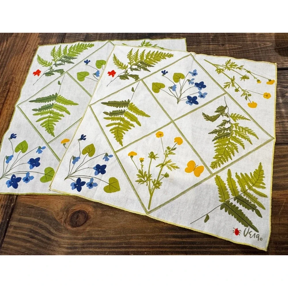 Vera Neumann Napkins Set of 8 White Green Botanical Fern Wildflower Vintage 70s